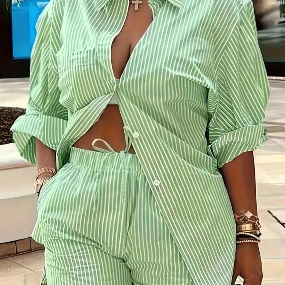Green & White Vertical Striped Button-Up Short Set